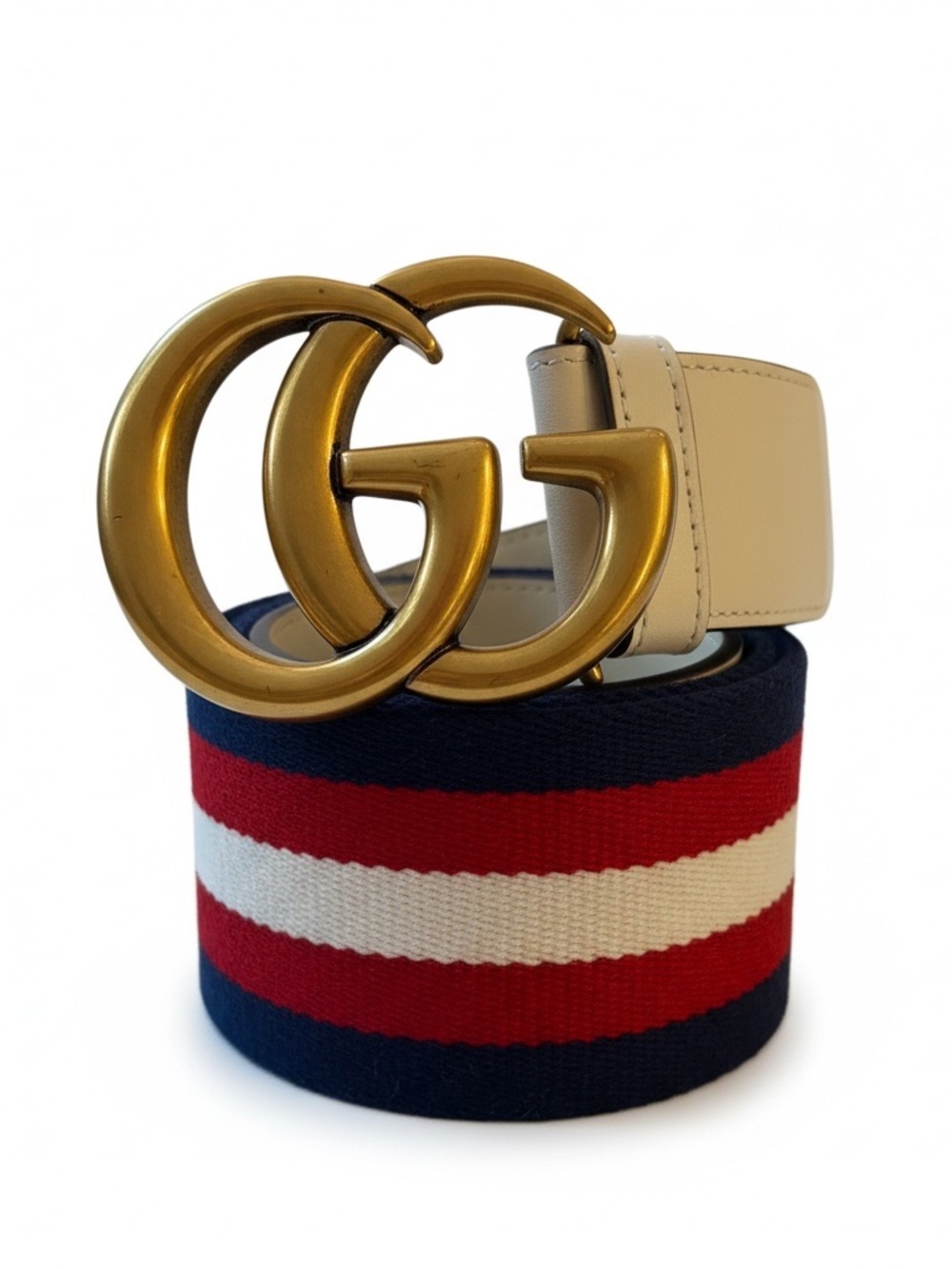 Gucci Red, White & Navy Web Stripe Belt with Gold Double G Buckle
